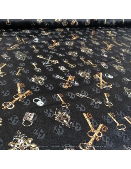zoom Tissu 100% soie noire clé serrure or - tissus habillement soie italienne haute couture - mercerie Biarritz