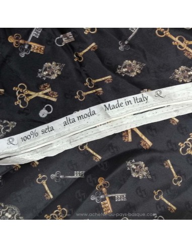 Zoom 100% soie noire clés serrure or argent - tissus habillement soie italienne haute couture sur mesure