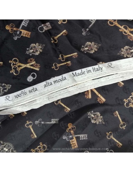 Zoom 100% soie noire clés serrure or argent - tissus habillement soie italienne haute couture sur mesure