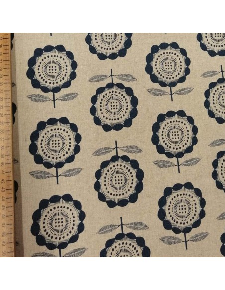 Tissu Patch kibori peko fleur bleue coton lin fond écru - vêtement sac quilting - Tissus habillement Ameublement Biarritz