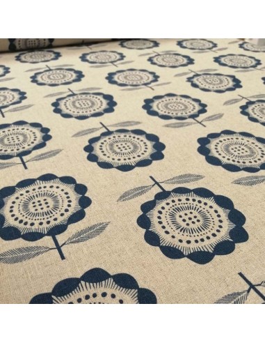 Zoom Patch tissu fleur bleue coton lin fond écru - vêtement sac quilting - Tissus habillement Ameublement Biarritz