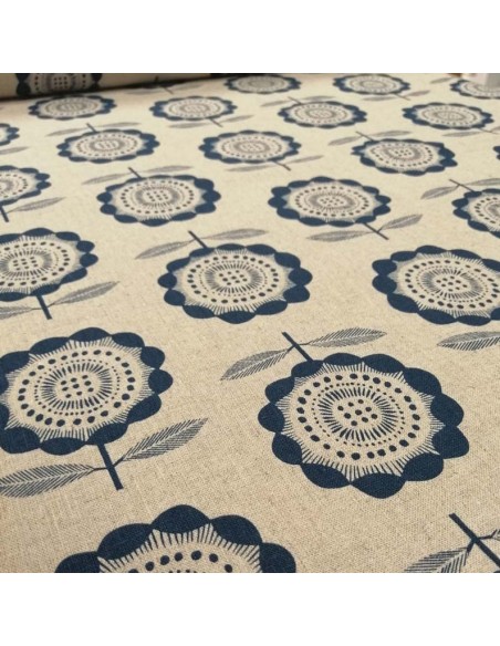 Zoom Patch tissu fleur bleue coton lin fond écru - vêtement sac quilting - Tissus habillement Ameublement Biarritz