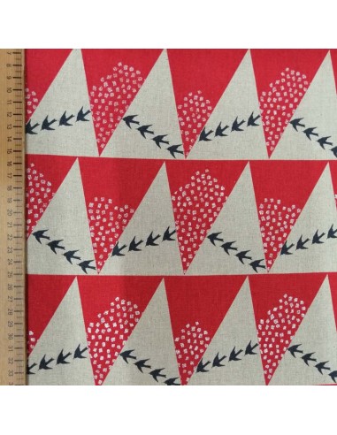 Tissu Patch HILL de ECHINO oiseaux montage rouge coton lin écru - vêtement sac quilting - Tissus habillement Ameublement