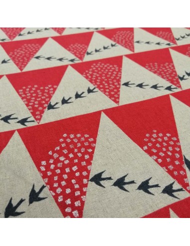 Zoom Tissu Patch HILL oiseaux montage rouge coton lin écru - vêtement sac quilting - Tissus habillement Ameublement