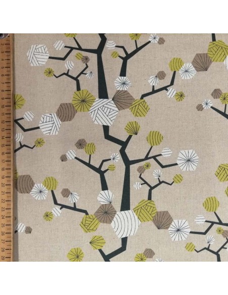 Zoom Tissu Patch TAYUTOU hexagones arbres japonais vert  coton lin écru - vêtement sac quilting - Tissus habillement Ameublement