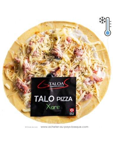 Le Talo-Pizza Xare :  talo, crème fraîche, lardons, oignons, mozzarella, emmental, épices pizza, olive. GS TALOA Ascain
