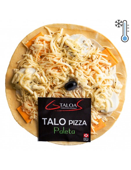 Le Talo-Pizza " PALETA" : talo, crème fraîche, chèvre, cheddar, mozzarella, emmental, épices pizza, olive.  GS TALOA Ascain