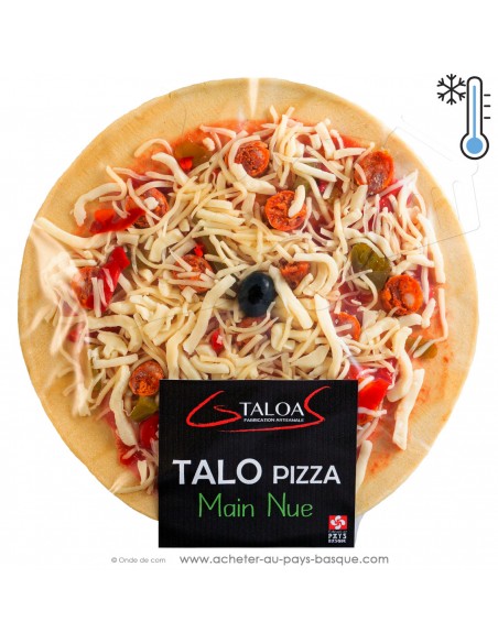 Le Talo-Pizza " PALETA" : talo, sauce 100% tomate, txistorra, poivrons, mozzarella, emmental, olive.  GS TALOA Ascain