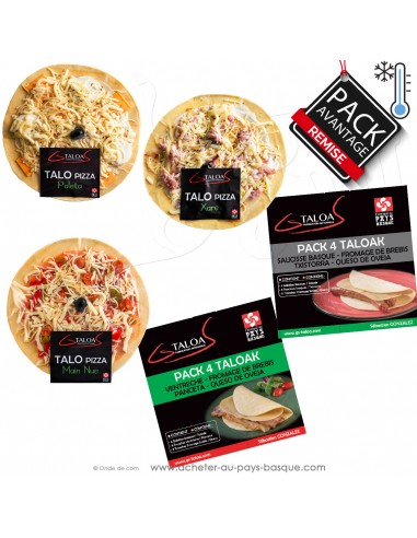 Pack économique gamme frais de GS TALOA  : les talo-pizza, et les classiques : Talo ventrèche brebis, talo txistorra Fromage