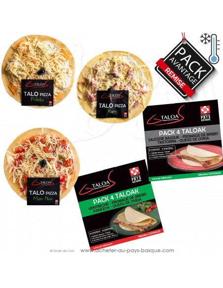 Pack économique gamme frais de GS TALOA  : les talo-pizza, et les classiques : Talo ventrèche brebis, talo txistorra Fromage