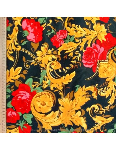 Zoom tissu velours coton noir roses rouges arabesque moutarde style vintage Gai Mattiolo - tissus habillement Biarritz