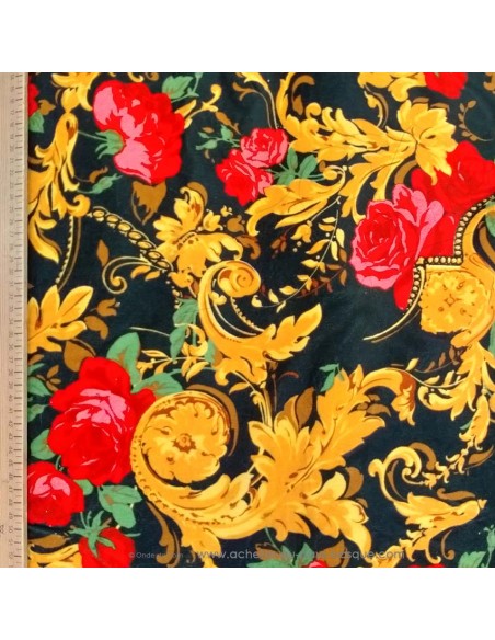 Zoom tissu velours coton noir roses rouges arabesque moutarde style vintage Gai Mattiolo - tissus habillement Biarritz