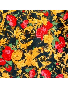 Tissu velours de coton noir roses rouges arabesque moutarde style rétro Gai Mattiolo - tissus habillement au mètre Biarritz