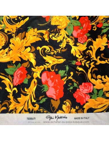 Tissu velours de coton noir roses rouges arabesques moutardes style rétro vintage - tissus habillement Gai Mattiolo