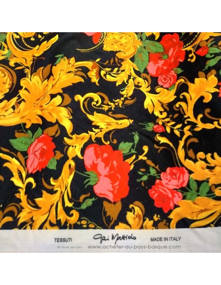 Tissu velours de coton noir roses rouges arabesques moutardes style rétro vintage - tissus habillement Gai Mattiolo