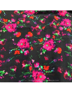Tissu velours de coton noir fleurs roses et rouges style rétro Gai Mattiolo - tissus habillement au mètre Biarritz