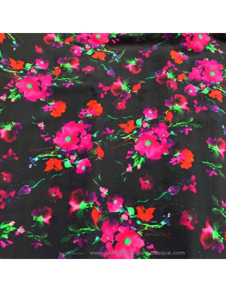 Tissu velours de coton noir fleurs roses et rouges style rétro Gai Mattiolo - tissus habillement au mètre Biarritz