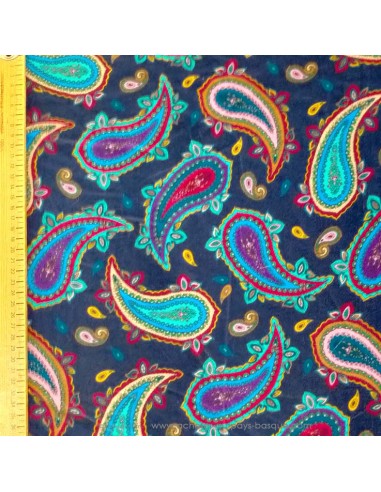 Zoom Tissu velours coton bleu nuit Paisley turquoise violet - tissus italien habillement au mètre - création unique Biarritz