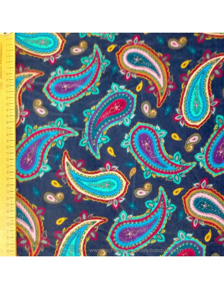 Zoom Tissu velours coton bleu nuit Paisley turquoise violet - tissus italien habillement au mètre - création unique Biarritz