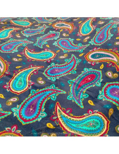 Tissu velours coton bleu nuit Paisley motifs cachemires turquoises violets - tissus habillement au mètre Biarritz
