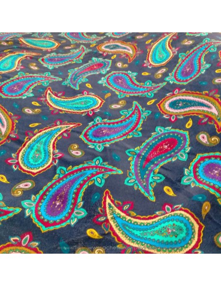 Tissu velours coton bleu nuit Paisley motifs cachemires turquoises violets - tissus habillement au mètre Biarritz