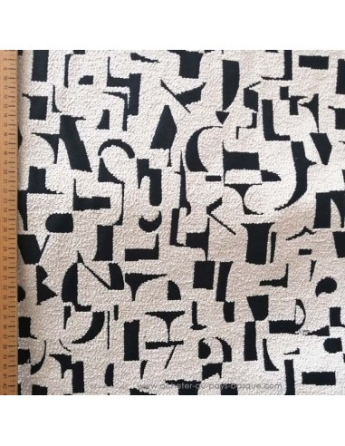 zoom Jacquard ameublement lettres écru noir bouclette Thévenon - tissu siège au mètre coussin rideaux réfection