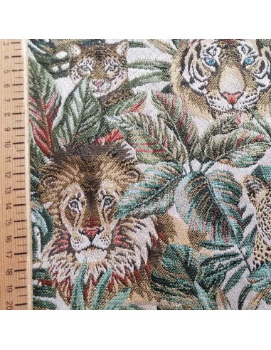 Zoom jacquard ameublement fauve feuillage lions tigres léopards - coussin rideaux réfection chaise fauteuil canapé