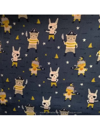 Tissu Coton animaux pirates et étoiles fond bleu marine OEKO TEX - tissus habillement au mètre vente en ligne