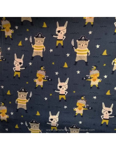 Tissu Coton animaux pirates et étoiles fond bleu marine OEKO TEX - tissus habillement au mètre vente en ligne