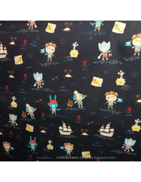 Tissu Coton bateaux pirates et trésor fond bleu marine OEKO TEX - tissus habillement au mètre vente en ligne