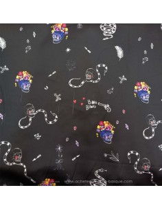 Crane tete de mort serpent pistolet bang bang imprimé sur satin de polyester noir- tissu habillement  Dock Biarritz