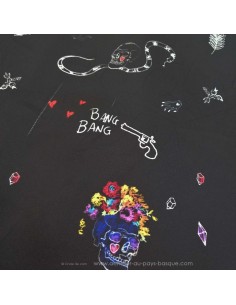 Crane tete de mort serpent pistolet bang bang imprimé sur satin de polyester noir- tissu habillement  Dock Biarritz 2