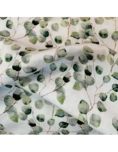 Tissu double gaze blanche coton bio feuillage feuille d'Eucalyptus POPPY - Tissus Habillement au mètre Biarritz