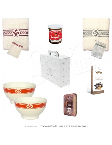 coffret cadeau serviette rouge, grise et chocolats basques