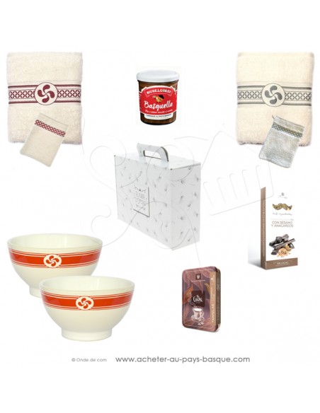 coffret cadeau serviette rouge, grise et chocolats basques