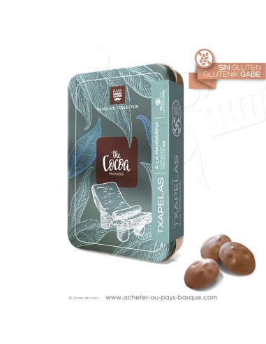 boite métal de chocolats en forme de bérets Basques au LAIT 42% et mandarine - Rafa Gorrotxategi maitre chocolatier