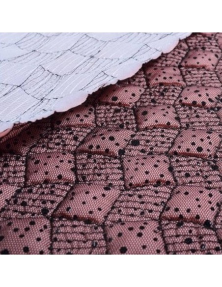 Zoom Tissu doudoune légère rose matelassé ouatine coupe vent tulle résille pois noir - Tissus habillement vente en ligne