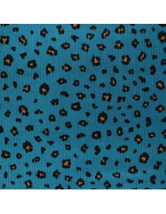 Tissu bleu velours côtelé grosses cotes motifs tendance léopard - Tissus habillement au mètre pour top robe jupe pantalon veste