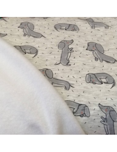 Zoom Jersey sweat gris chiné envers minky motif teckel chien - Tissu habillement hiver vente en ligne - vetement couturiere