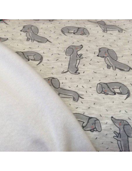 Zoom Jersey sweat gris chiné envers minky motif teckel chien - Tissu habillement hiver vente en ligne - vetement couturiere