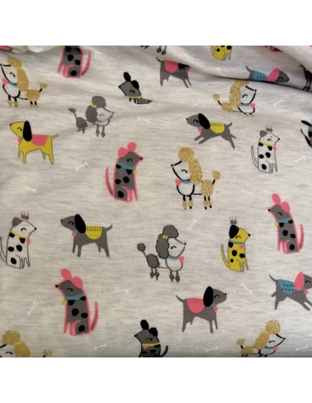 Tissu Jersey coton gris chiné imprimé chien girly paillettes -Tissus habillement vente en ligne - vetement couturiere