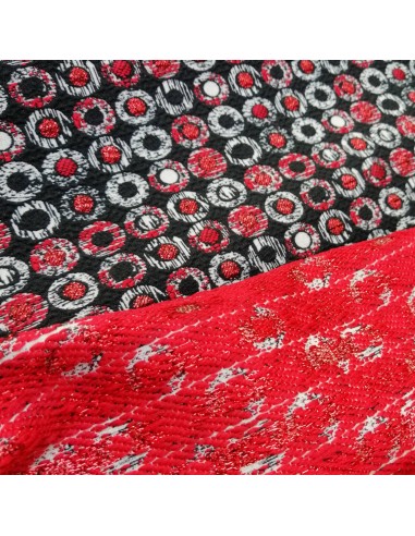 Zoom Tissu habillement jacquard irisé noir ronds rouges argent lurex - vente en ligne tissus au mètre Biarritz