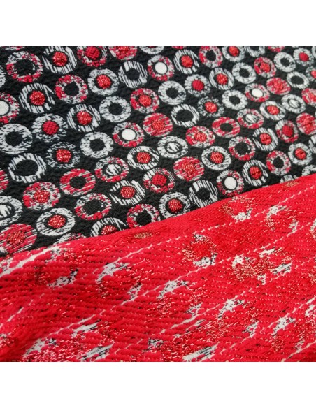 Zoom Tissu habillement jacquard irisé noir ronds rouges argent lurex - vente en ligne tissus au mètre Biarritz