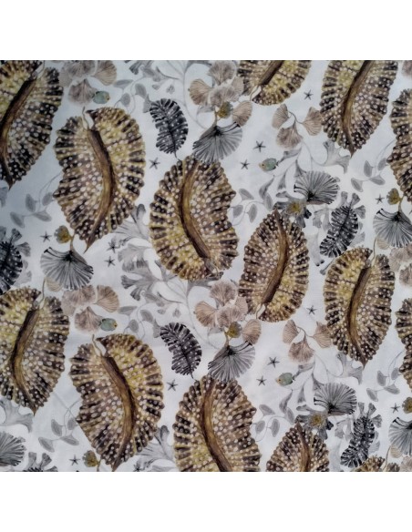 Tissu Crêpe de Viscose motif fonds marins poissons gris camel- tissus habillement au mètre - couture robe jupe top pantalon