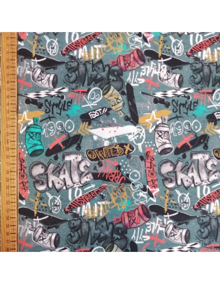 zoom Jersey coton Oeko-tex motif graffitis street art fond gris anthracite - Tissu habillement au mètre vente en ligne