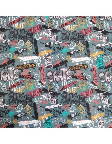 Jersey de coton Oeko-tex imprimé graffitis street art fond gris - Tissu habillement vente en ligne - vetement couturiere