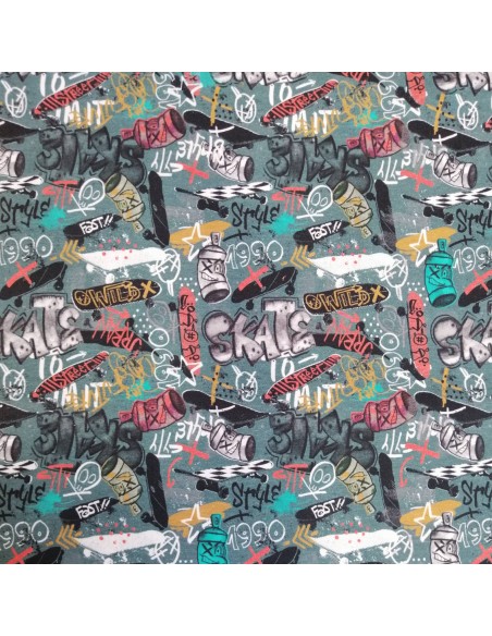 Jersey de coton Oeko-tex imprimé graffitis street art fond gris - Tissu habillement vente en ligne - vetement couturiere