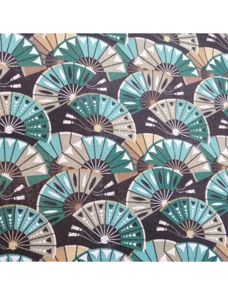 Tissu coton cretonne éventail japonais verts fond noir - Tissus Ameublement habillement au mètre mercerie biarritz