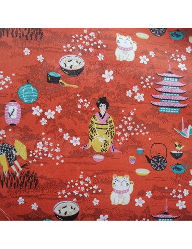 Tissu coton cretonne NAGANO motifs traditionnels japonais rouille orange - Tissus Ameublement habillement au mètre