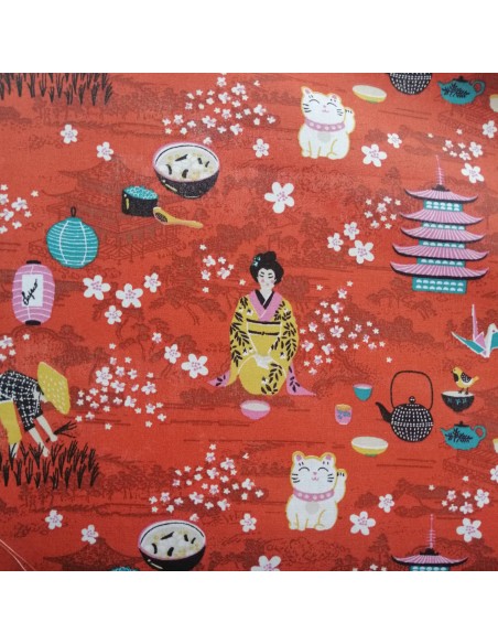 Tissu coton cretonne NAGANO motifs traditionnels japonais rouille orange - Tissus Ameublement habillement au mètre